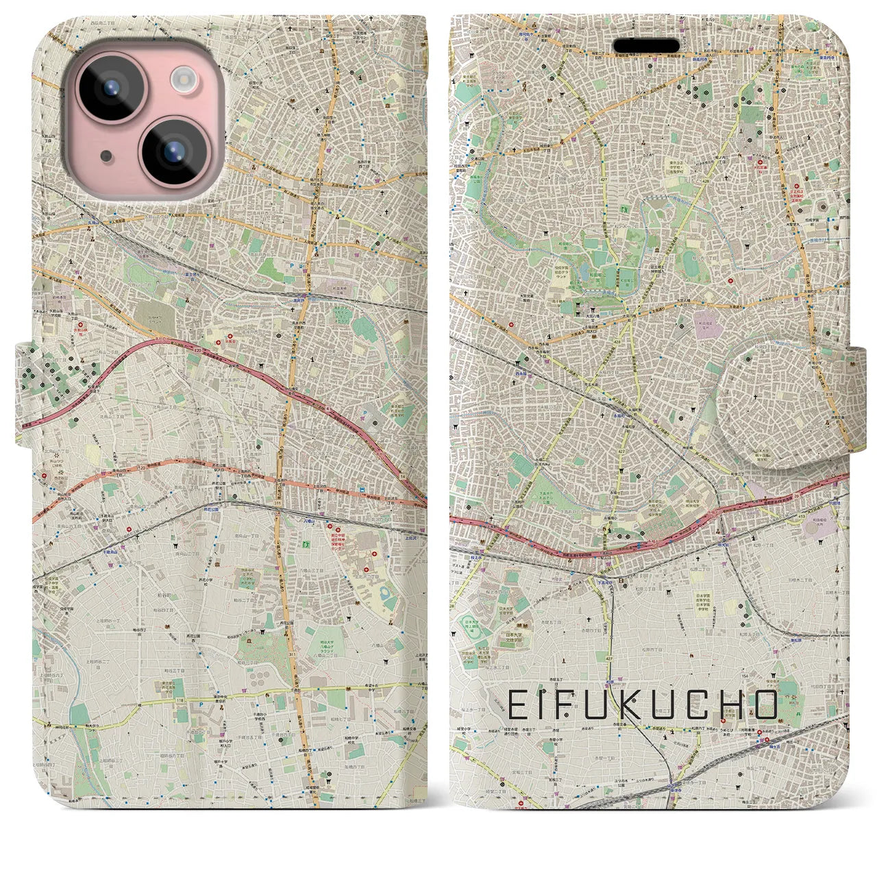 【永福町(東京都)】地図柄iPhoneケース(手帳タイプ)ナチュラル・iPhone 15 Plus 用