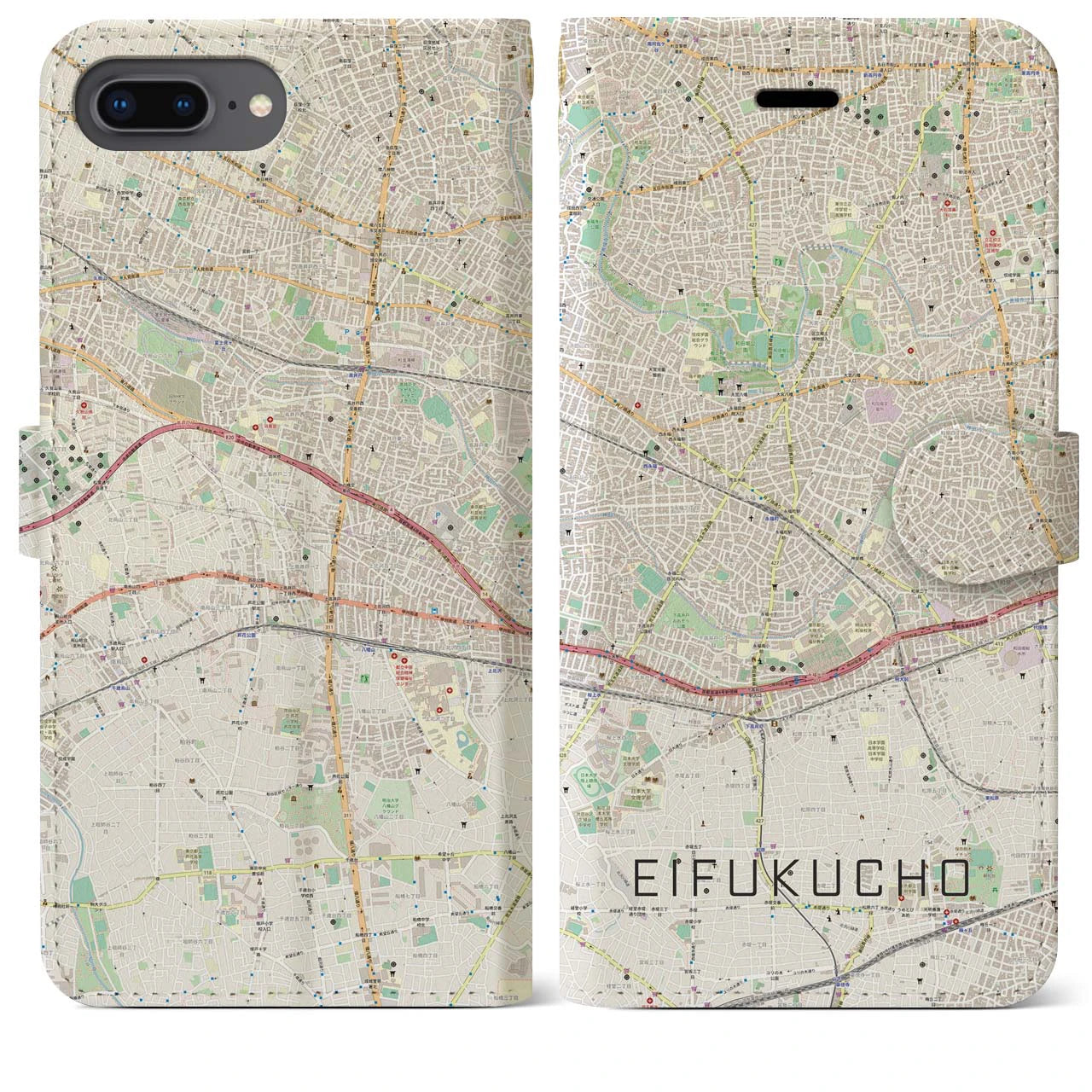 【永福町(東京都)】地図柄iPhoneケース(手帳タイプ)ナチュラル・iPhone 8Plus /7Plus / 6sPlus / 6Plus 用