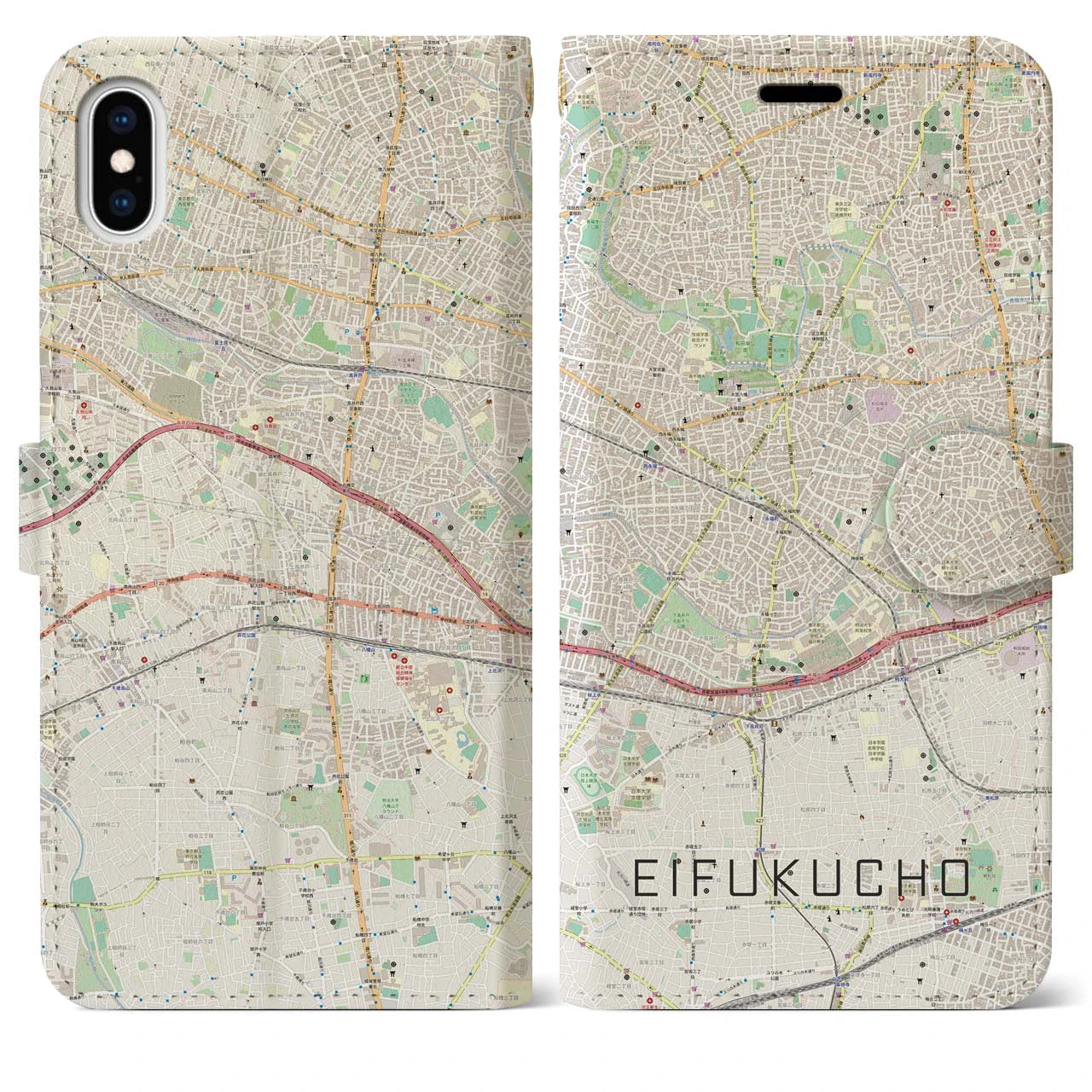 【永福町(東京都)】地図柄iPhoneケース(手帳タイプ)ナチュラル・iPhone XS Max 用