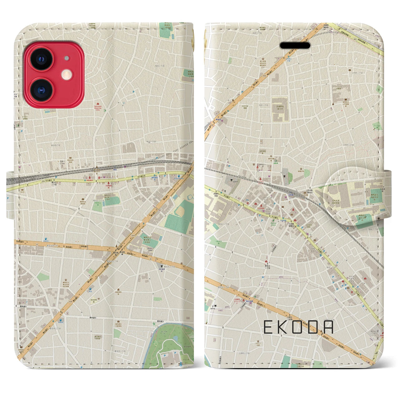 【江古田(東京都)】地図柄iPhoneケース(手帳タイプ)ナチュラル・iPhone 11 用