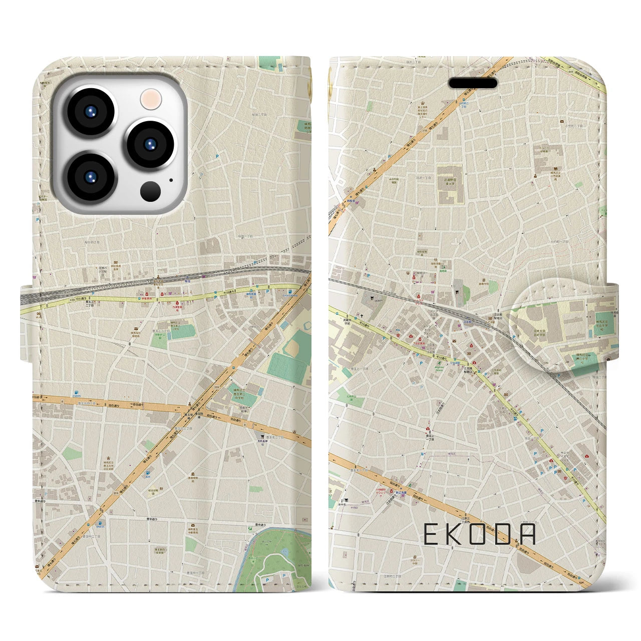 【江古田(東京都)】地図柄iPhoneケース(手帳タイプ)ナチュラル・iPhone 13 Pro 用