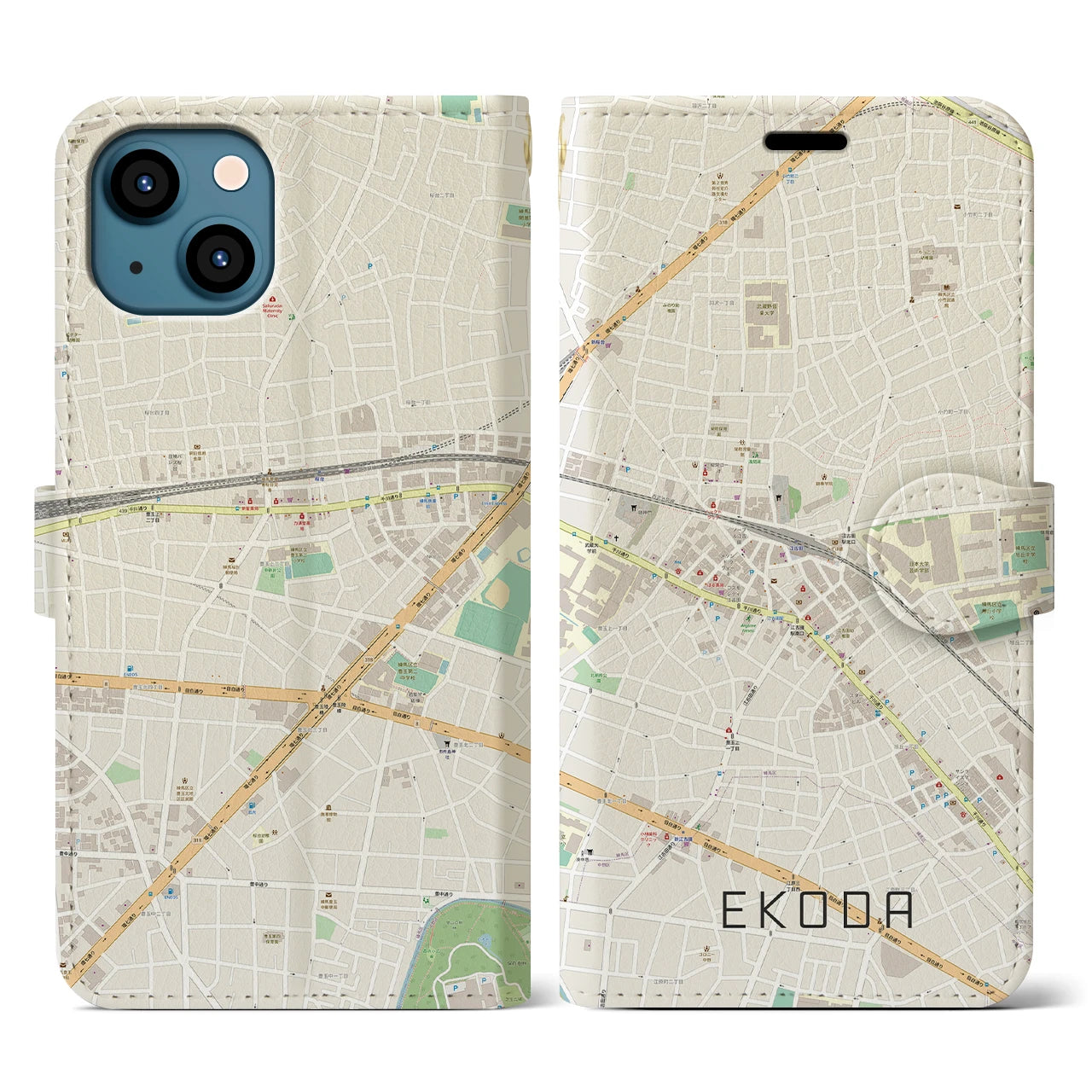 【江古田(東京都)】地図柄iPhoneケース(手帳タイプ)ナチュラル・iPhone 13 用