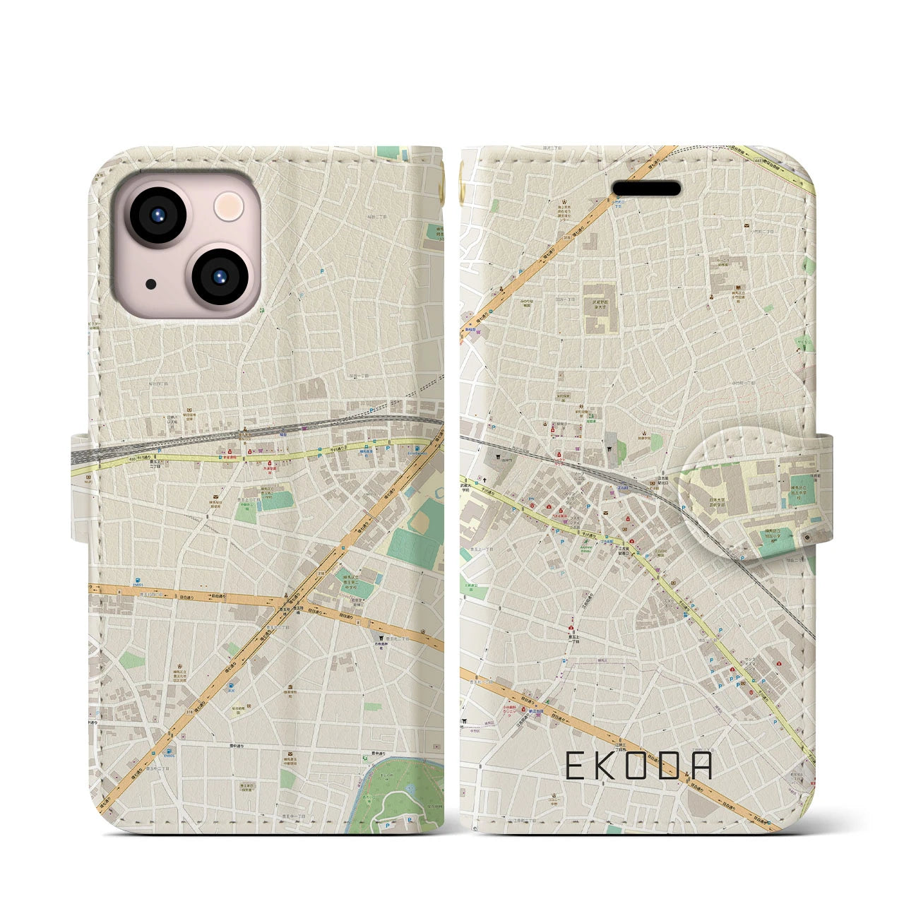 【江古田(東京都)】地図柄iPhoneケース(手帳タイプ)ナチュラル・iPhone 13 mini 用