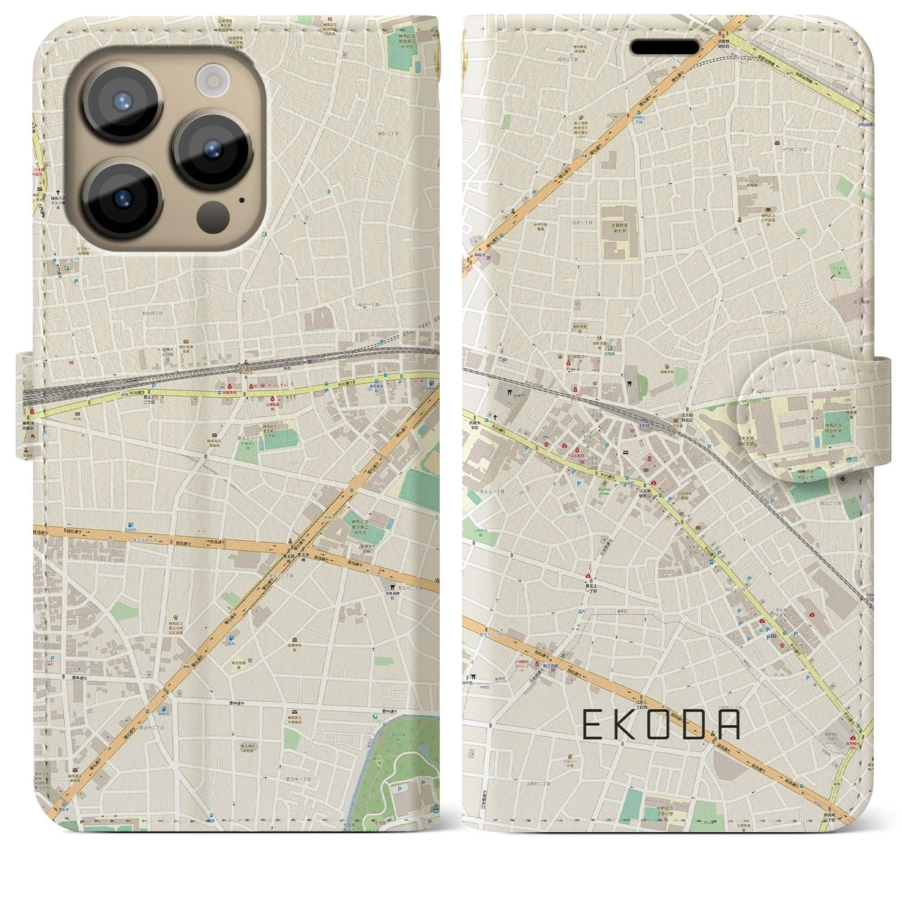 【江古田(東京都)】地図柄iPhoneケース(手帳タイプ)ナチュラル・iPhone 14 Pro Max 用