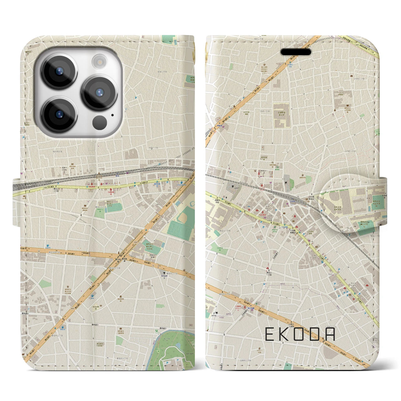 【江古田(東京都)】地図柄iPhoneケース(手帳タイプ)ナチュラル・iPhone 14 Pro 用