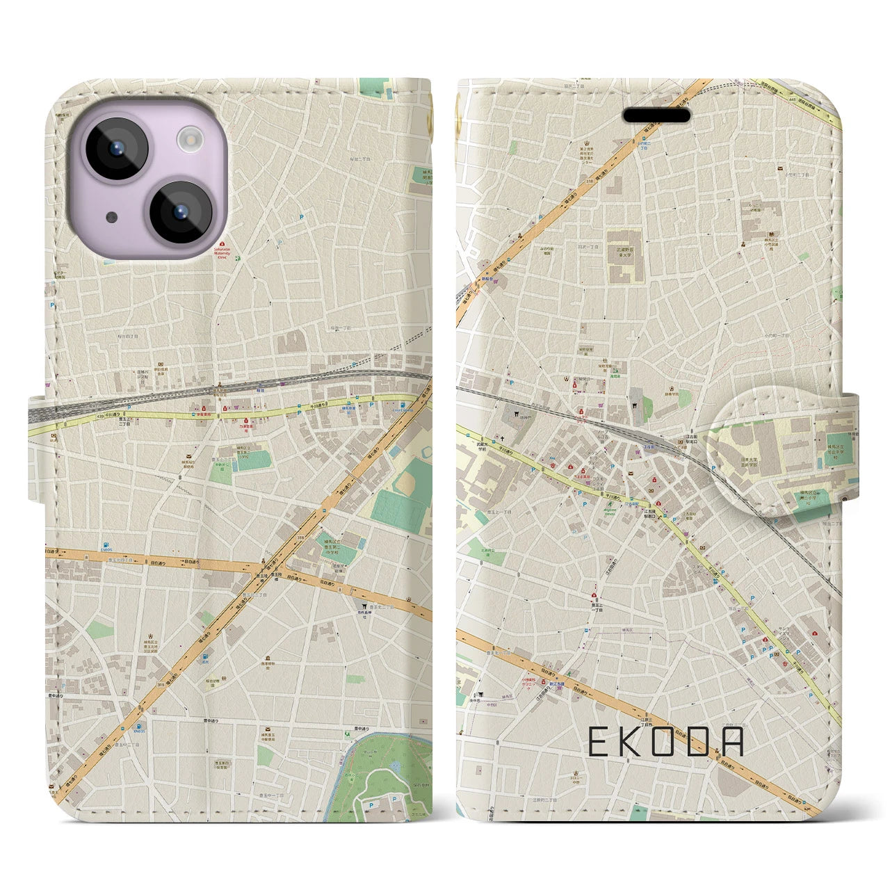【江古田(東京都)】地図柄iPhoneケース(手帳タイプ)ナチュラル・iPhone 14 用