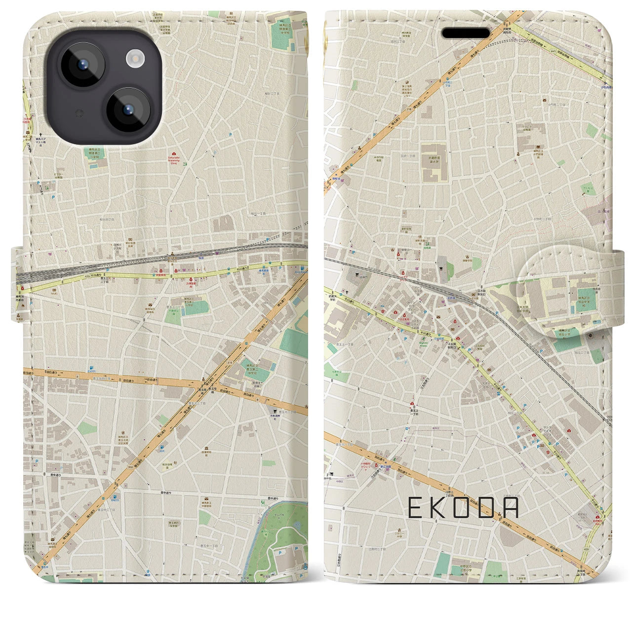 【江古田(東京都)】地図柄iPhoneケース(手帳タイプ)ナチュラル・iPhone 14 Plus 用