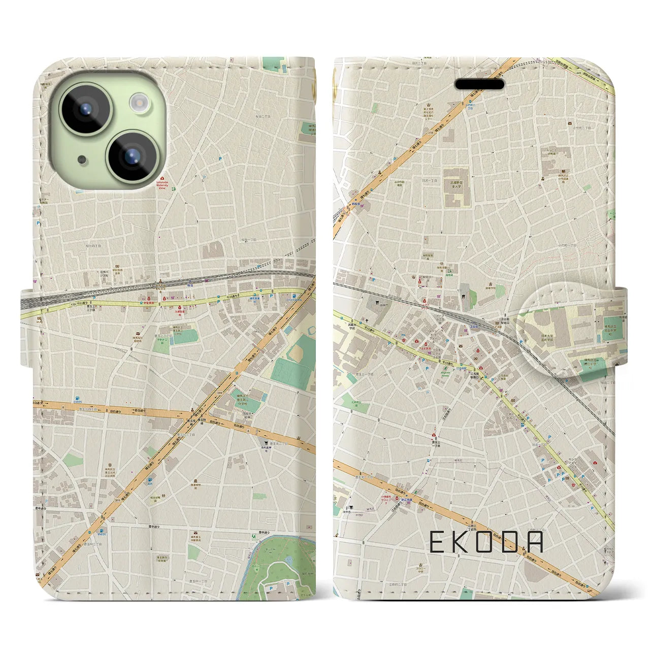 【江古田(東京都)】地図柄iPhoneケース(手帳タイプ)ナチュラル・iPhone 15 用
