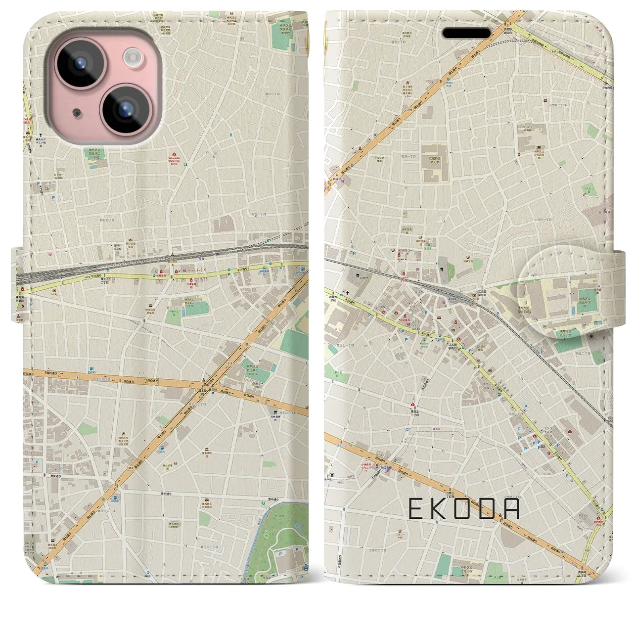 【江古田(東京都)】地図柄iPhoneケース(手帳タイプ)ナチュラル・iPhone 15 Plus 用