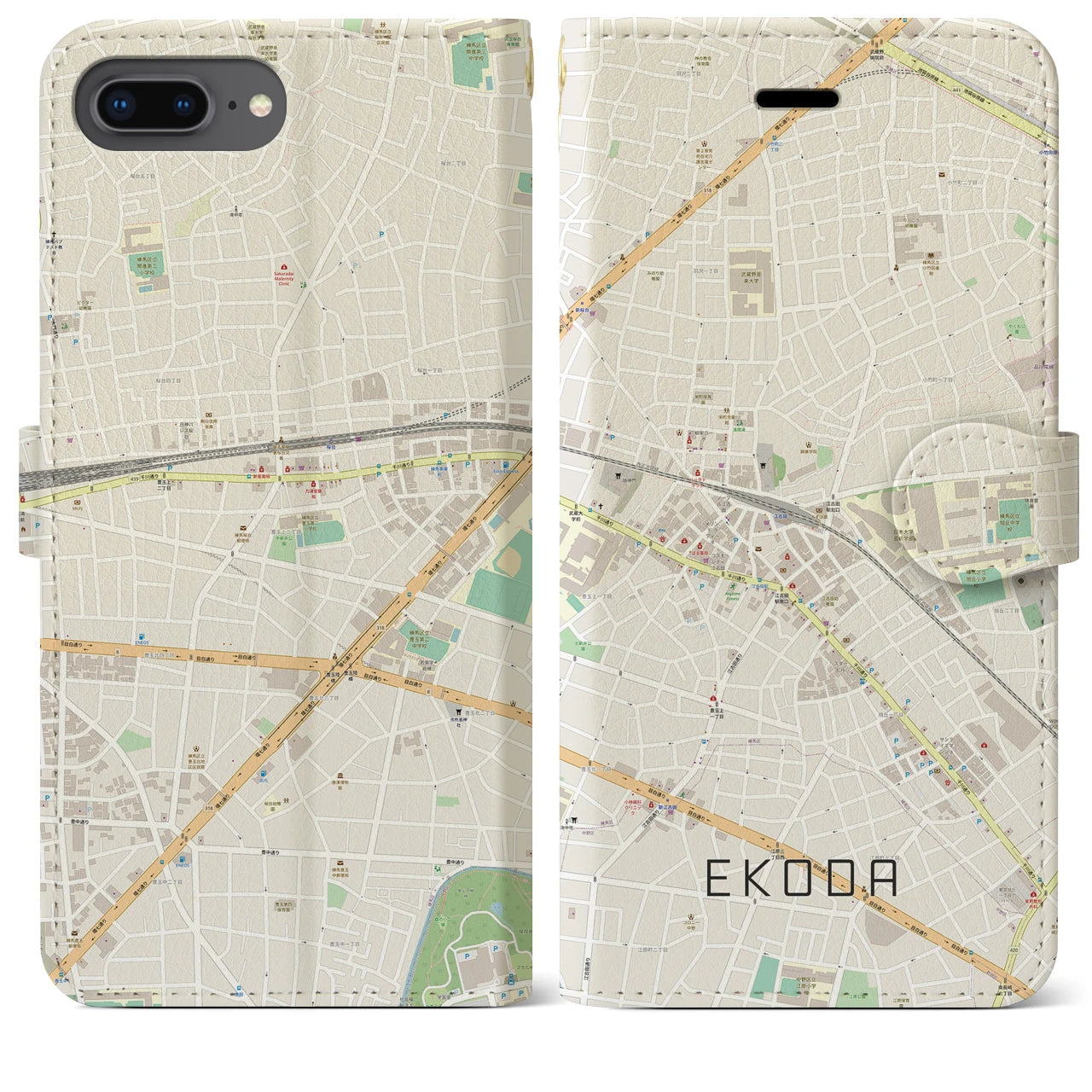 【江古田(東京都)】地図柄iPhoneケース(手帳タイプ)ナチュラル・iPhone 8Plus /7Plus / 6sPlus / 6Plus 用