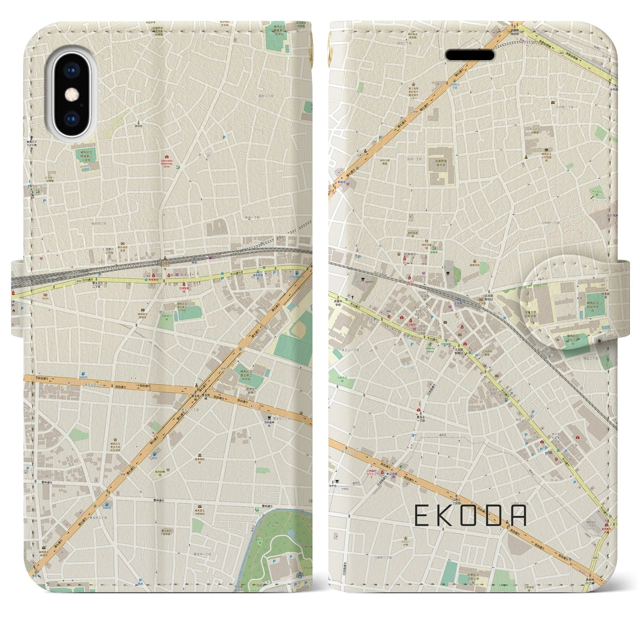 【江古田(東京都)】地図柄iPhoneケース(手帳タイプ)ナチュラル・iPhone XS Max 用