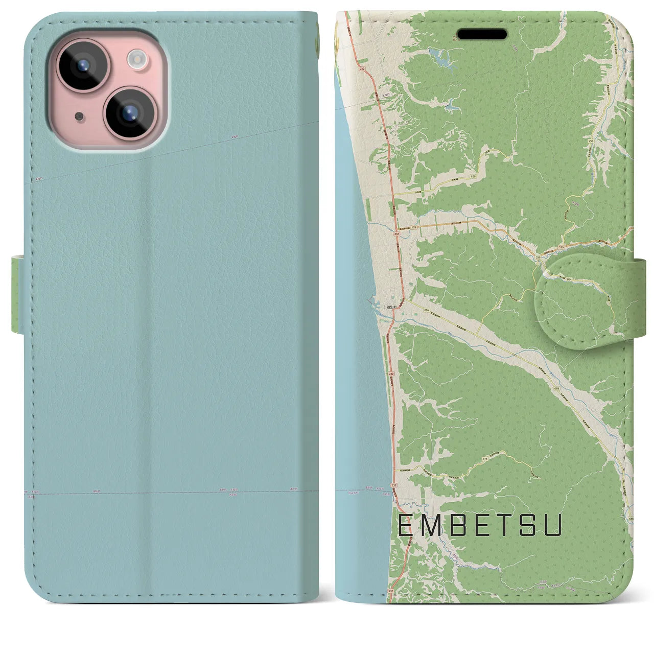 【遠別(北海道)】地図柄iPhoneケース(手帳タイプ)ナチュラル・iPhone 15 Plus 用