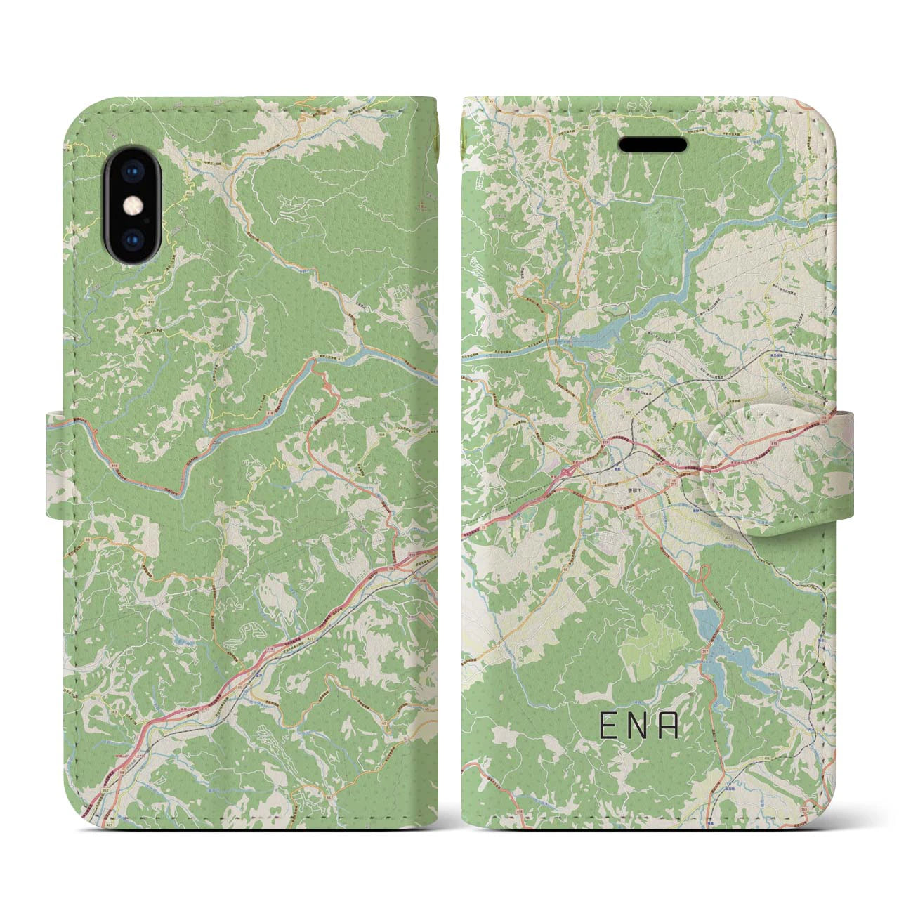 【恵那(岐阜県)】地図柄iPhoneケース(手帳タイプ)ナチュラル・iPhone XS / X 用