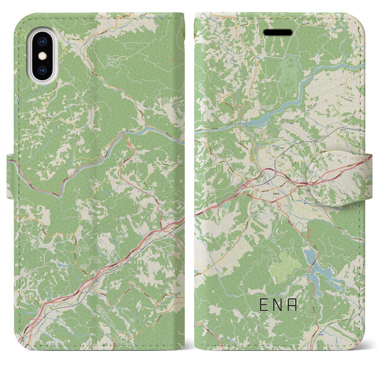 【恵那(岐阜県)】地図柄iPhoneケース(手帳タイプ)ナチュラル・iPhone XS Max 用