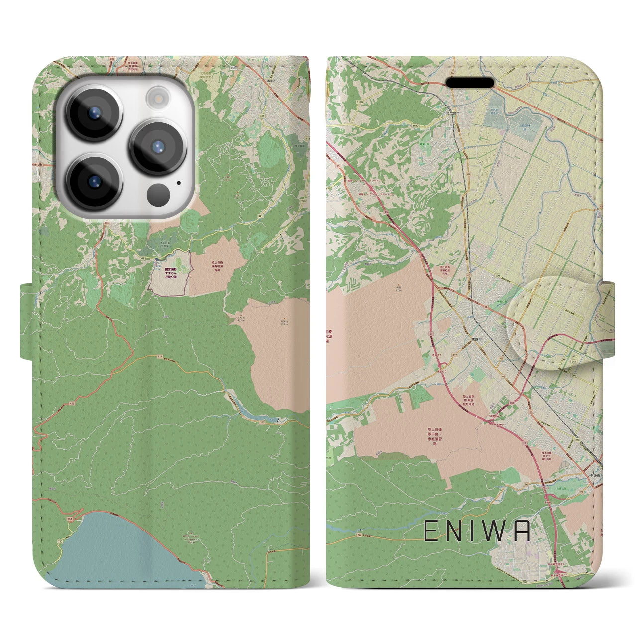 【恵庭(北海道)】地図柄iPhoneケース(手帳タイプ)ナチュラル・iPhone 14 Pro 用
