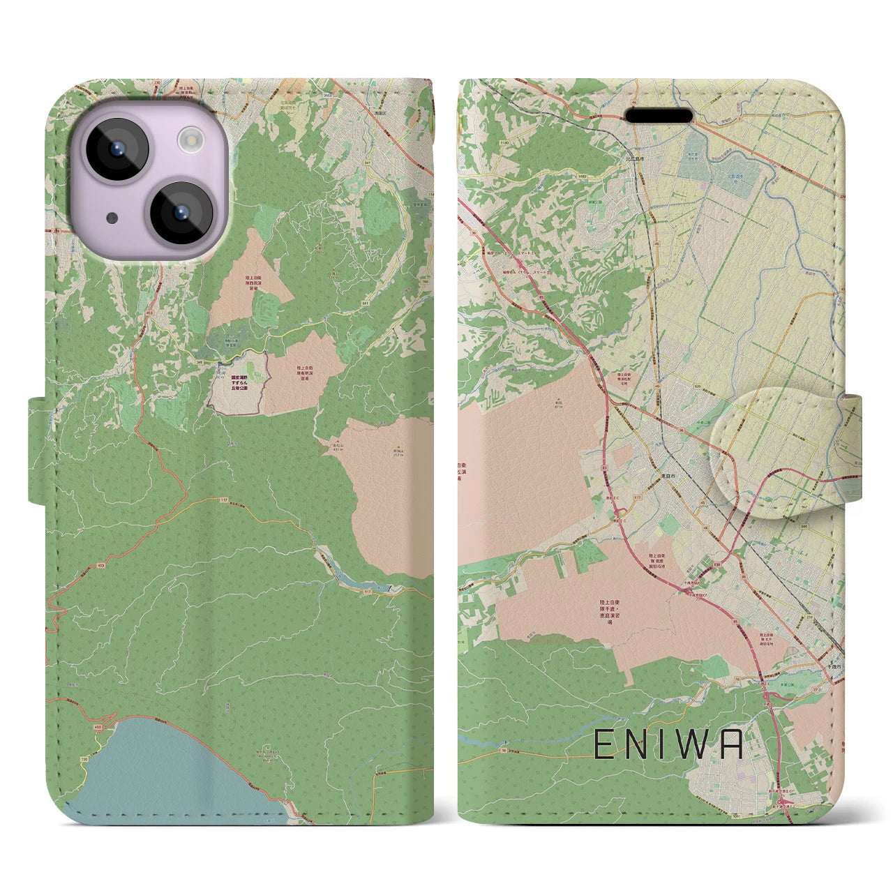 【恵庭(北海道)】地図柄iPhoneケース(手帳タイプ)ナチュラル・iPhone 14 用