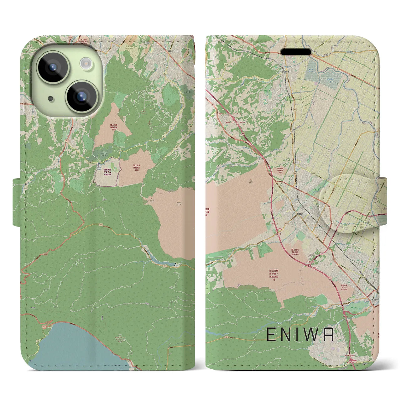 【恵庭(北海道)】地図柄iPhoneケース(手帳タイプ)ナチュラル・iPhone 15 用