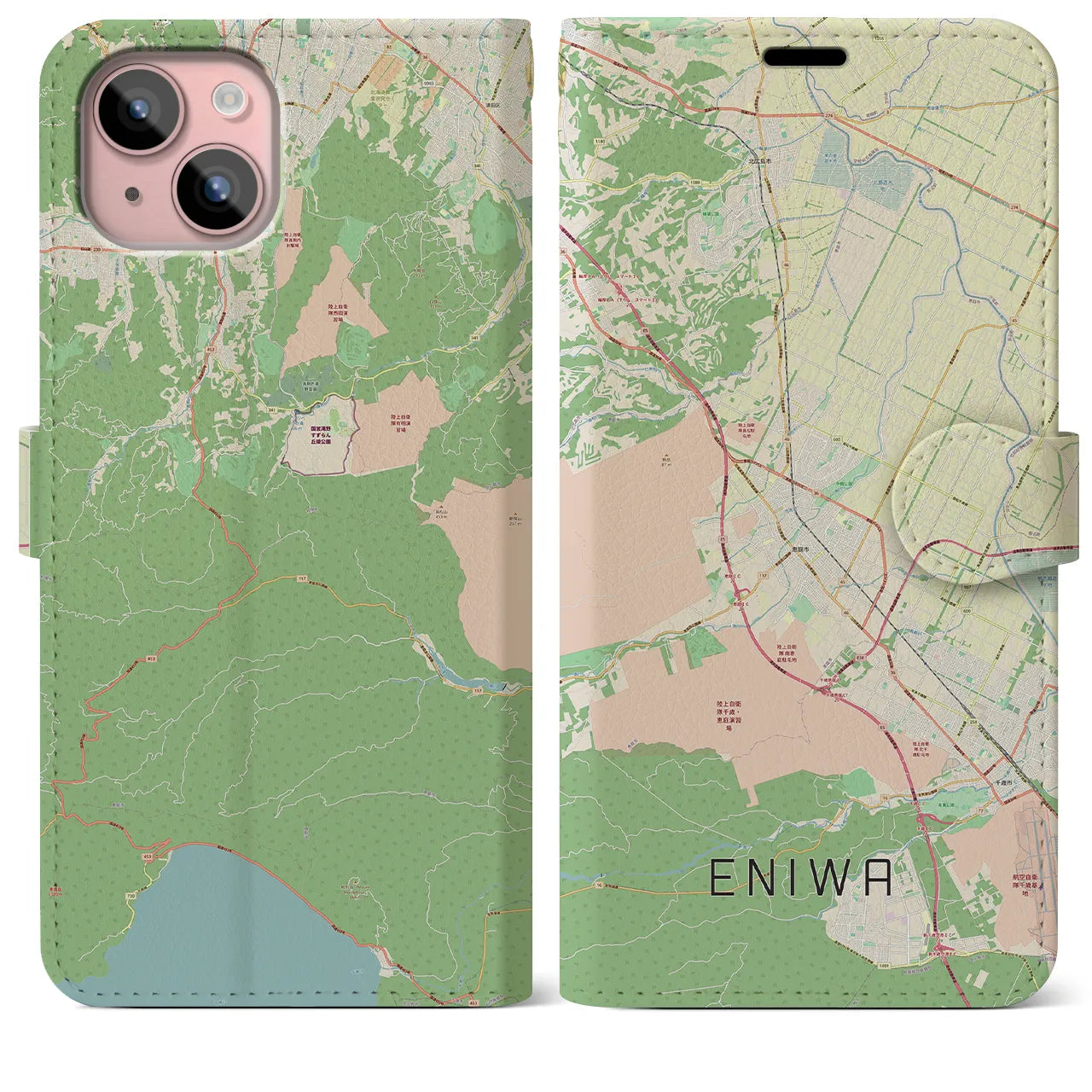 【恵庭(北海道)】地図柄iPhoneケース(手帳タイプ)ナチュラル・iPhone 15 Plus 用