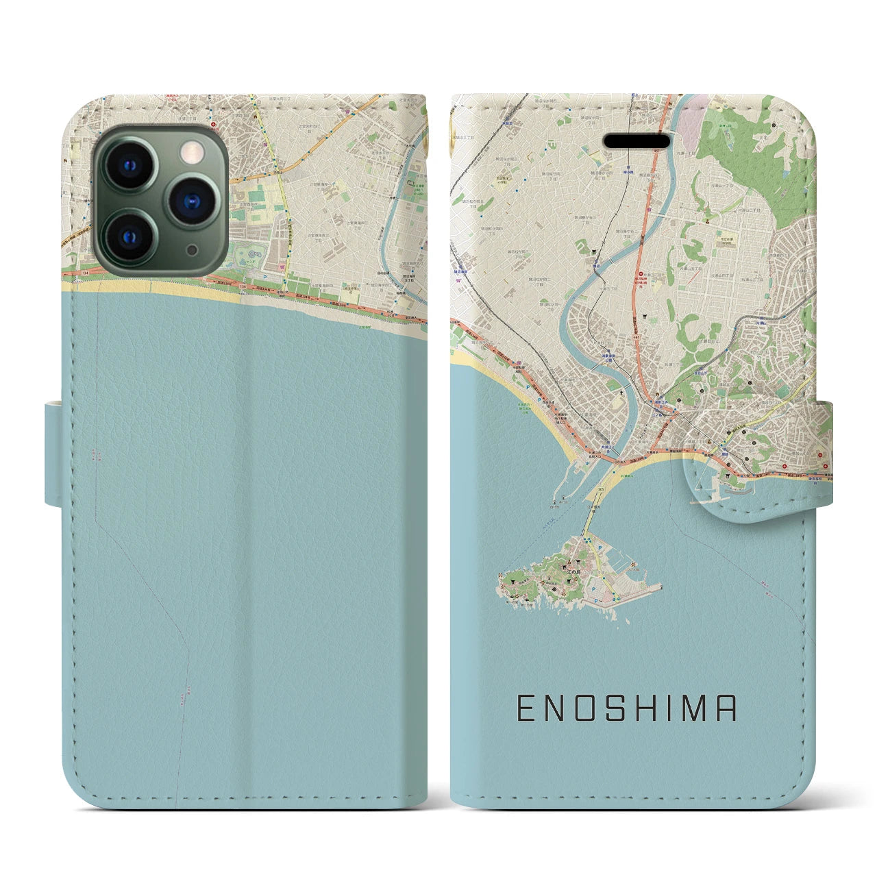【江ノ島(神奈川県)】地図柄iPhoneケース(手帳タイプ)ナチュラル・iPhone 11 Pro 用
