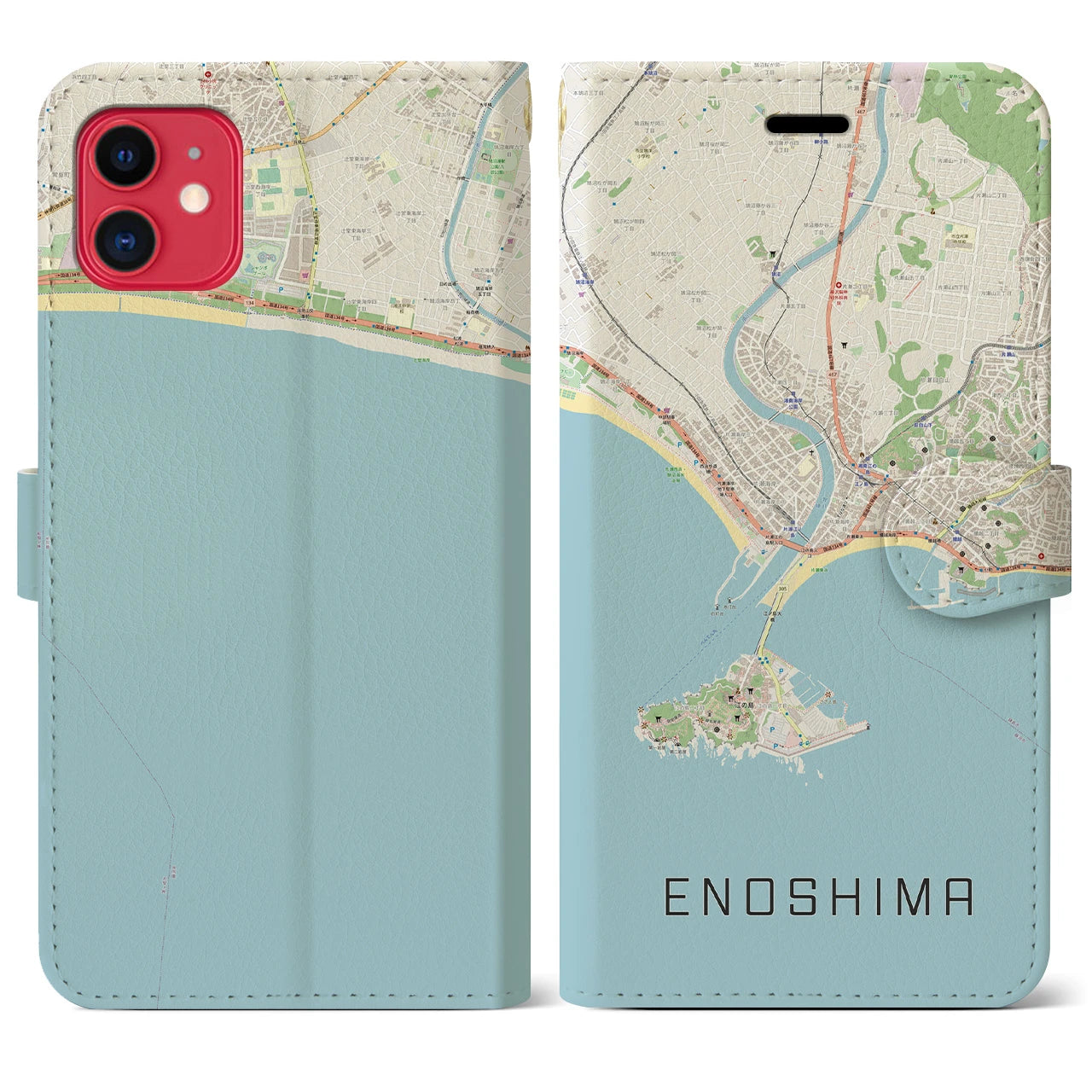 【江ノ島(神奈川県)】地図柄iPhoneケース(手帳タイプ)ナチュラル・iPhone 11 用
