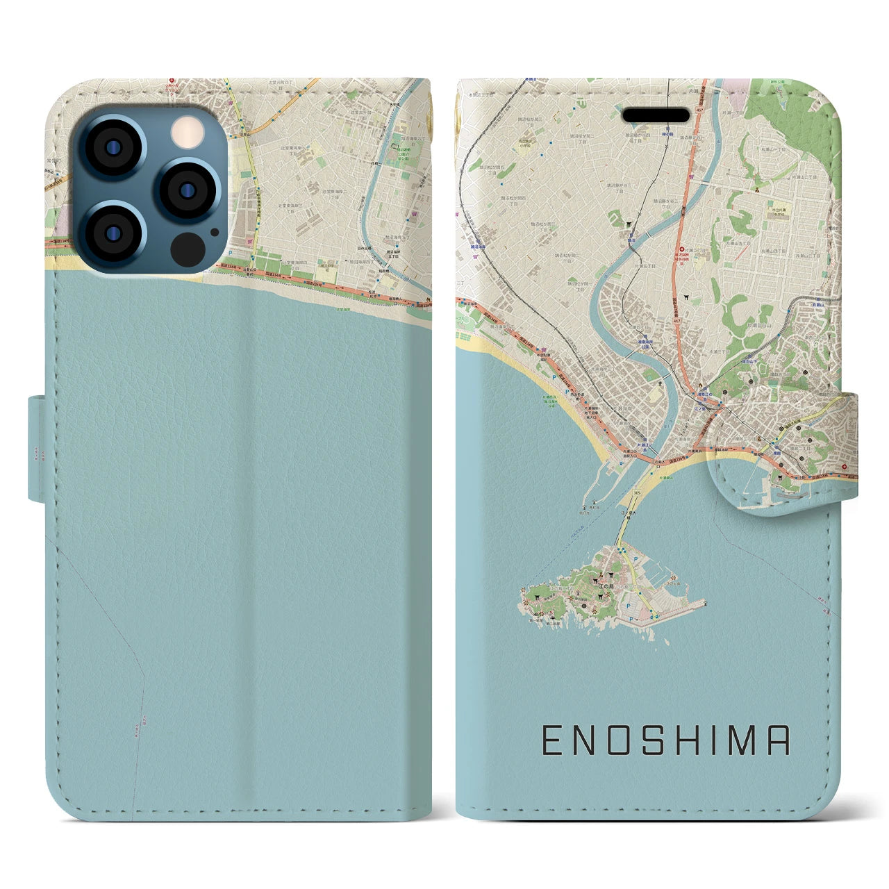 【江ノ島(神奈川県)】地図柄iPhoneケース(手帳タイプ)ナチュラル・iPhone 12 / 12 Pro 用