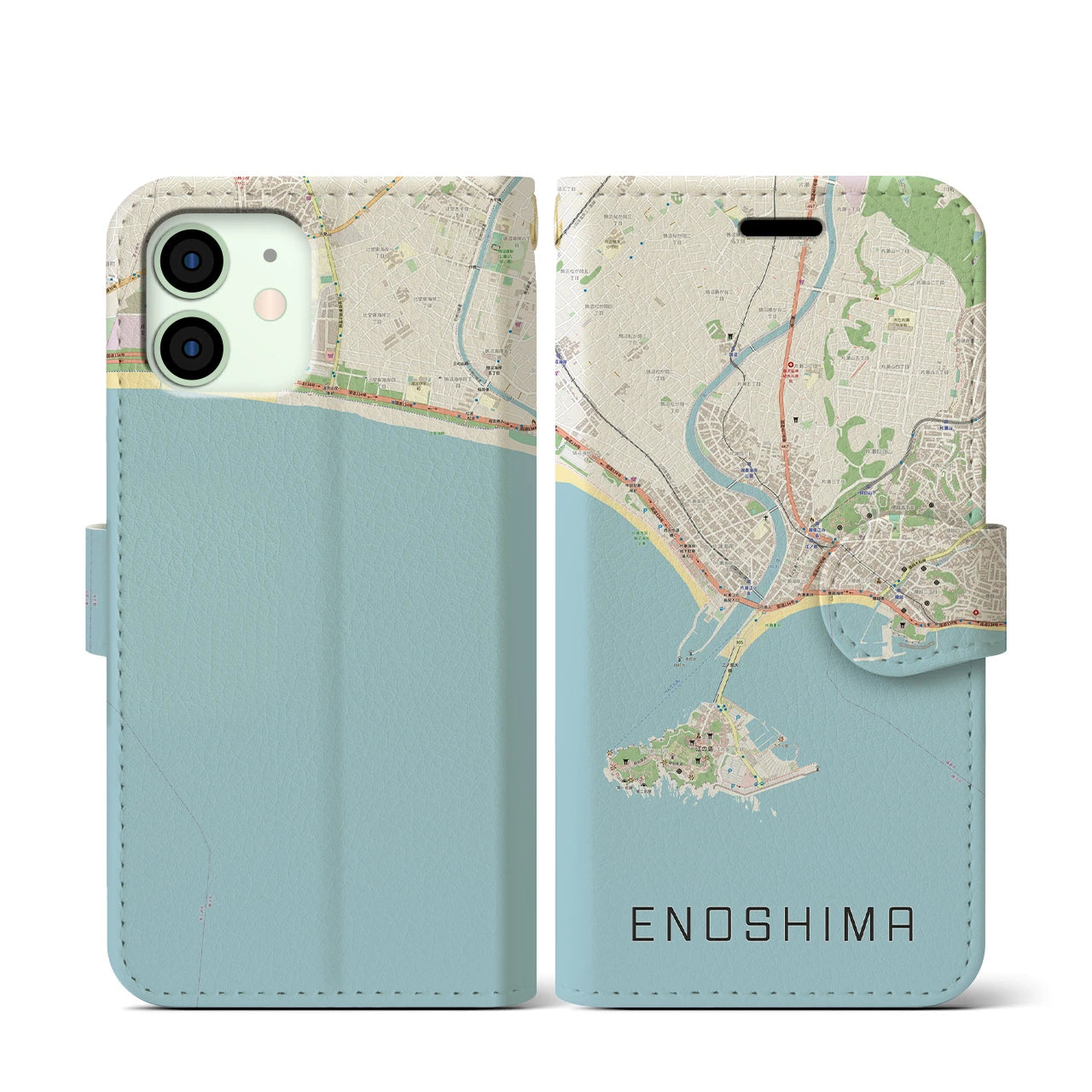 【江ノ島(神奈川県)】地図柄iPhoneケース(手帳タイプ)ナチュラル・iPhone 12 mini 用