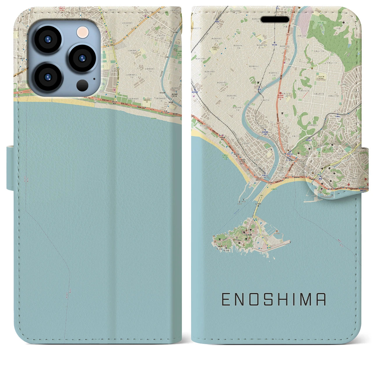 【江ノ島(神奈川県)】地図柄iPhoneケース(手帳タイプ)ナチュラル・iPhone 13 Pro Max 用