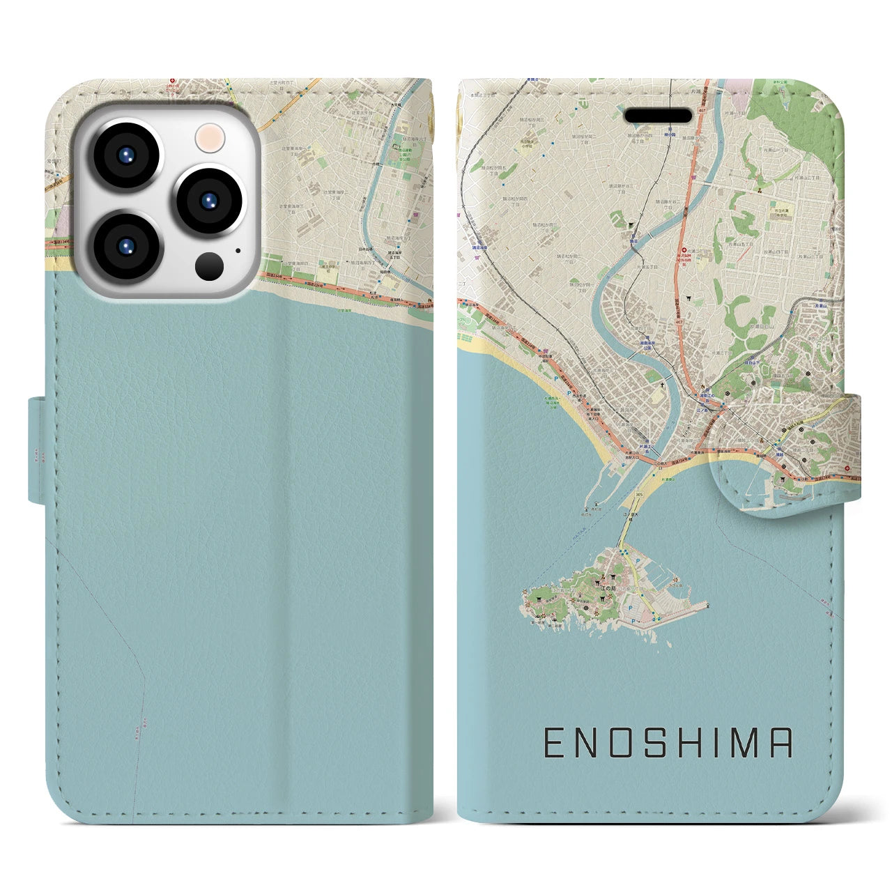 【江ノ島(神奈川県)】地図柄iPhoneケース(手帳タイプ)ナチュラル・iPhone 13 Pro 用