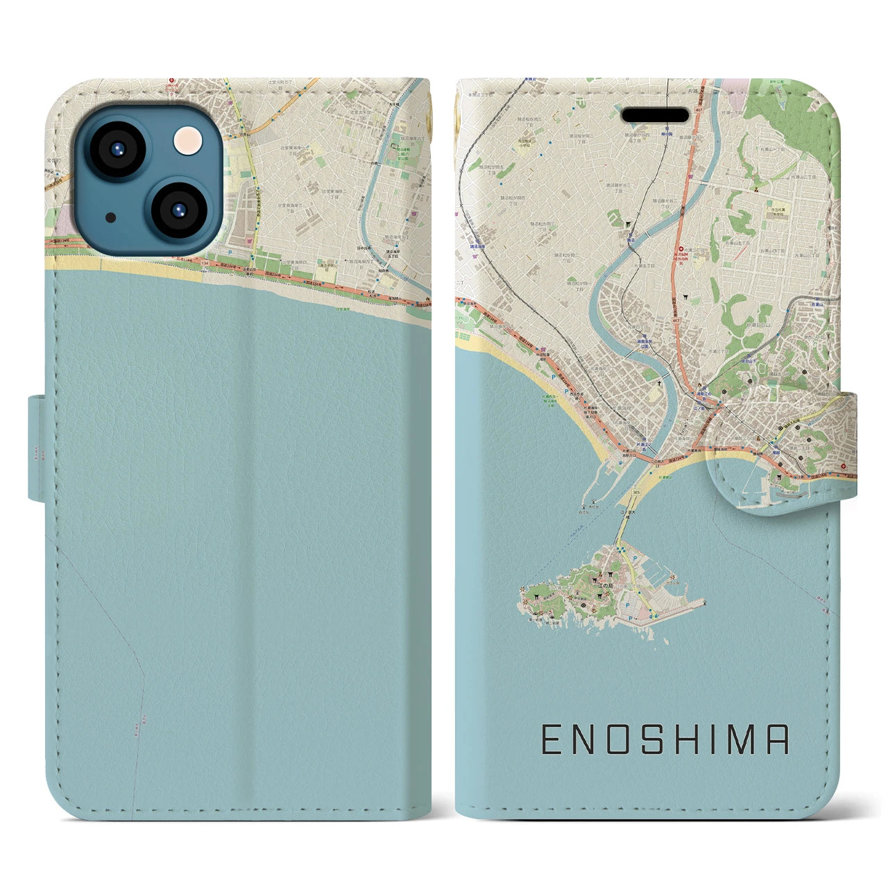 【江ノ島(神奈川県)】地図柄iPhoneケース(手帳タイプ)ナチュラル・iPhone 13 用