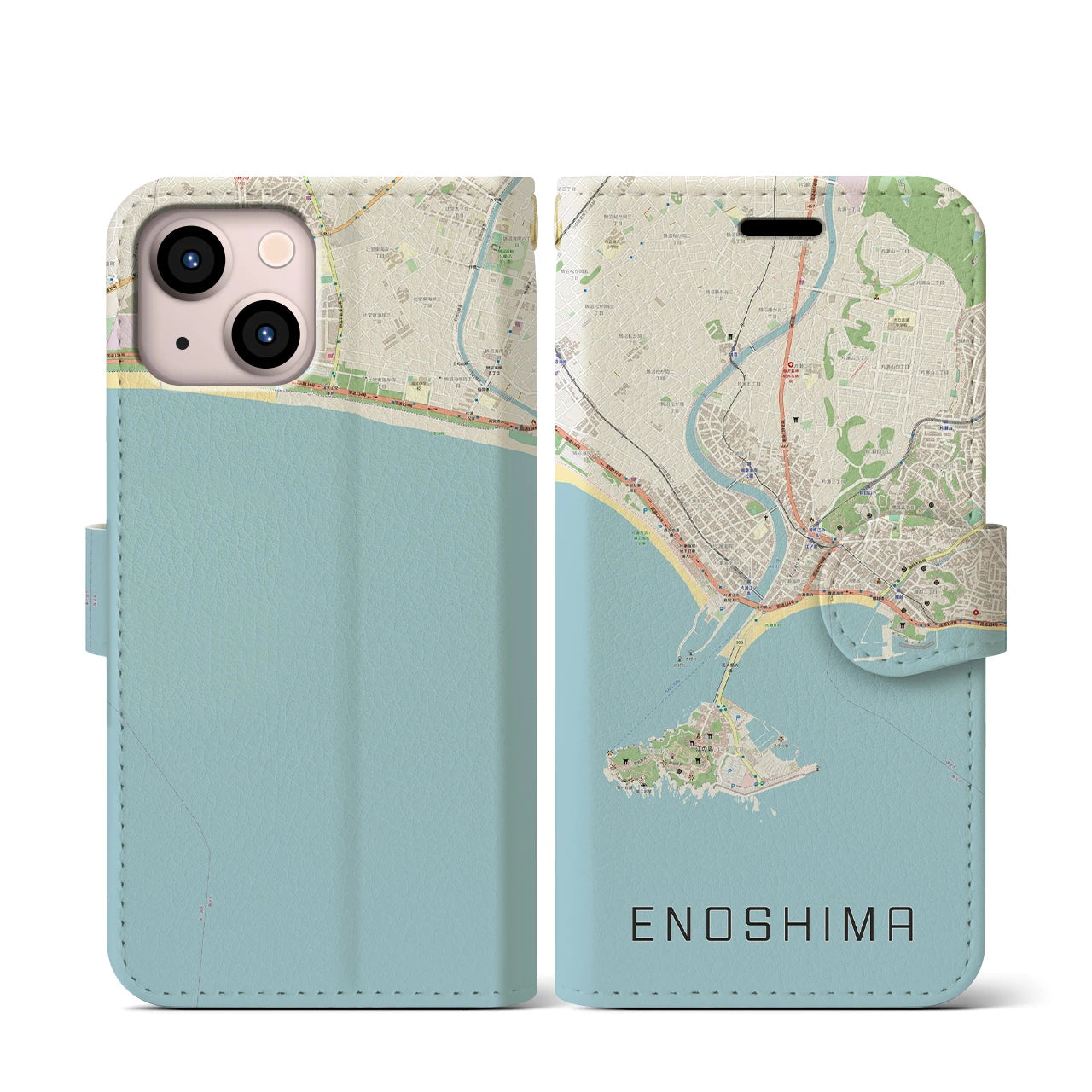 【江ノ島(神奈川県)】地図柄iPhoneケース(手帳タイプ)ナチュラル・iPhone 13 mini 用