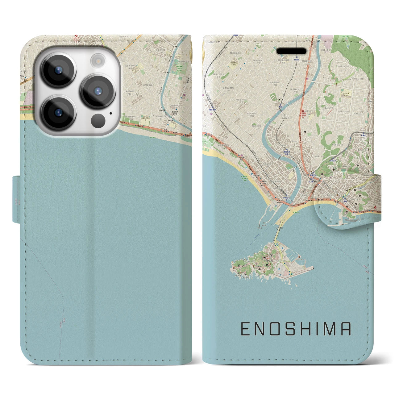 【江ノ島(神奈川県)】地図柄iPhoneケース(手帳タイプ)ナチュラル・iPhone 14 Pro 用