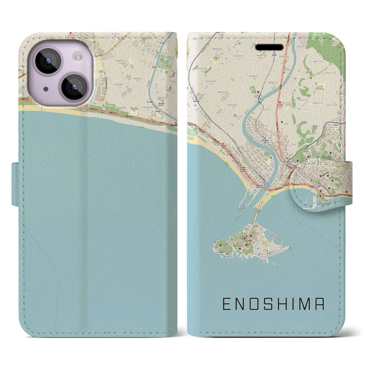 【江ノ島(神奈川県)】地図柄iPhoneケース(手帳タイプ)ナチュラル・iPhone 14 用