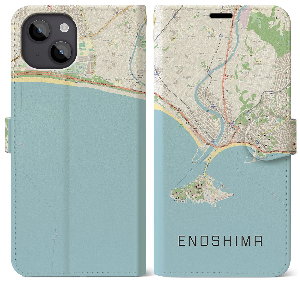 【江ノ島(神奈川県)】地図柄iPhoneケース(手帳タイプ)ナチュラル・iPhone 14 Plus 用
