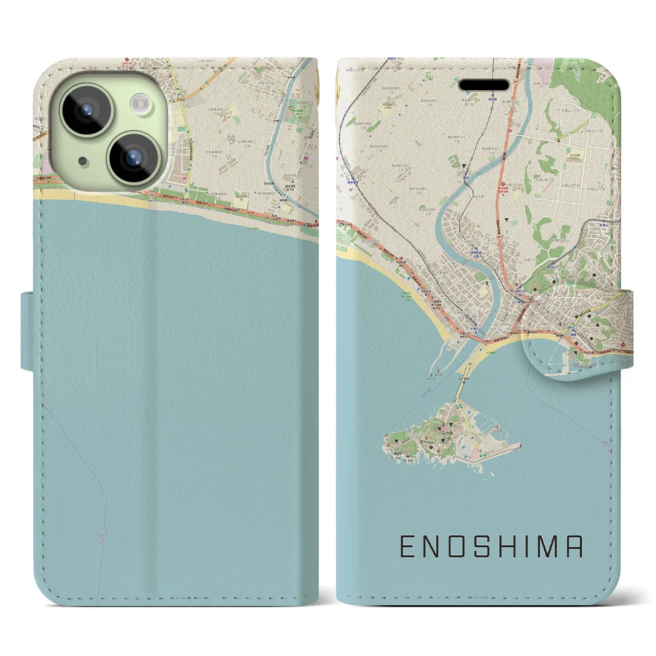 【江ノ島(神奈川県)】地図柄iPhoneケース(手帳タイプ)ナチュラル・iPhone 15 用
