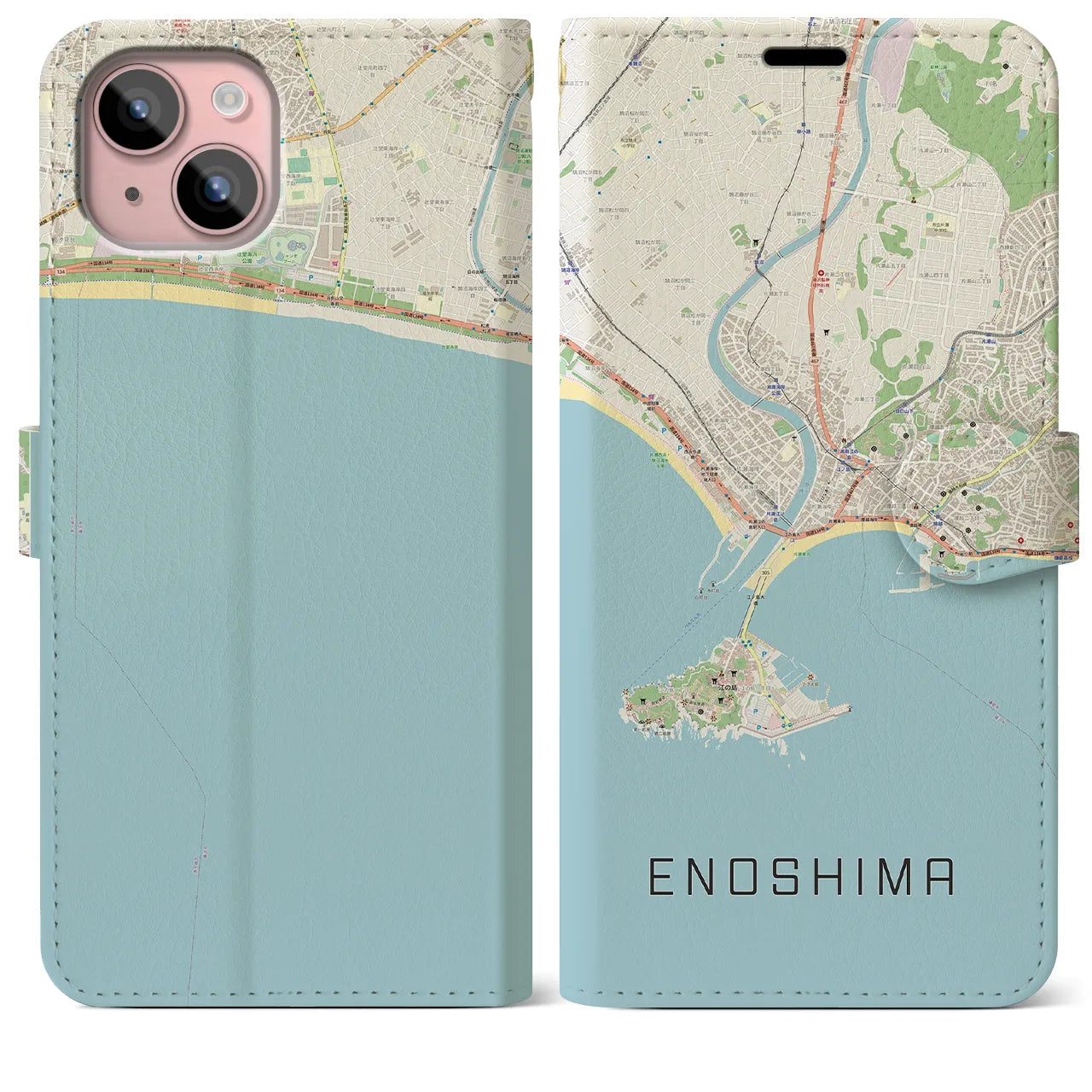 【江ノ島(神奈川県)】地図柄iPhoneケース(手帳タイプ)ナチュラル・iPhone 15 Plus 用