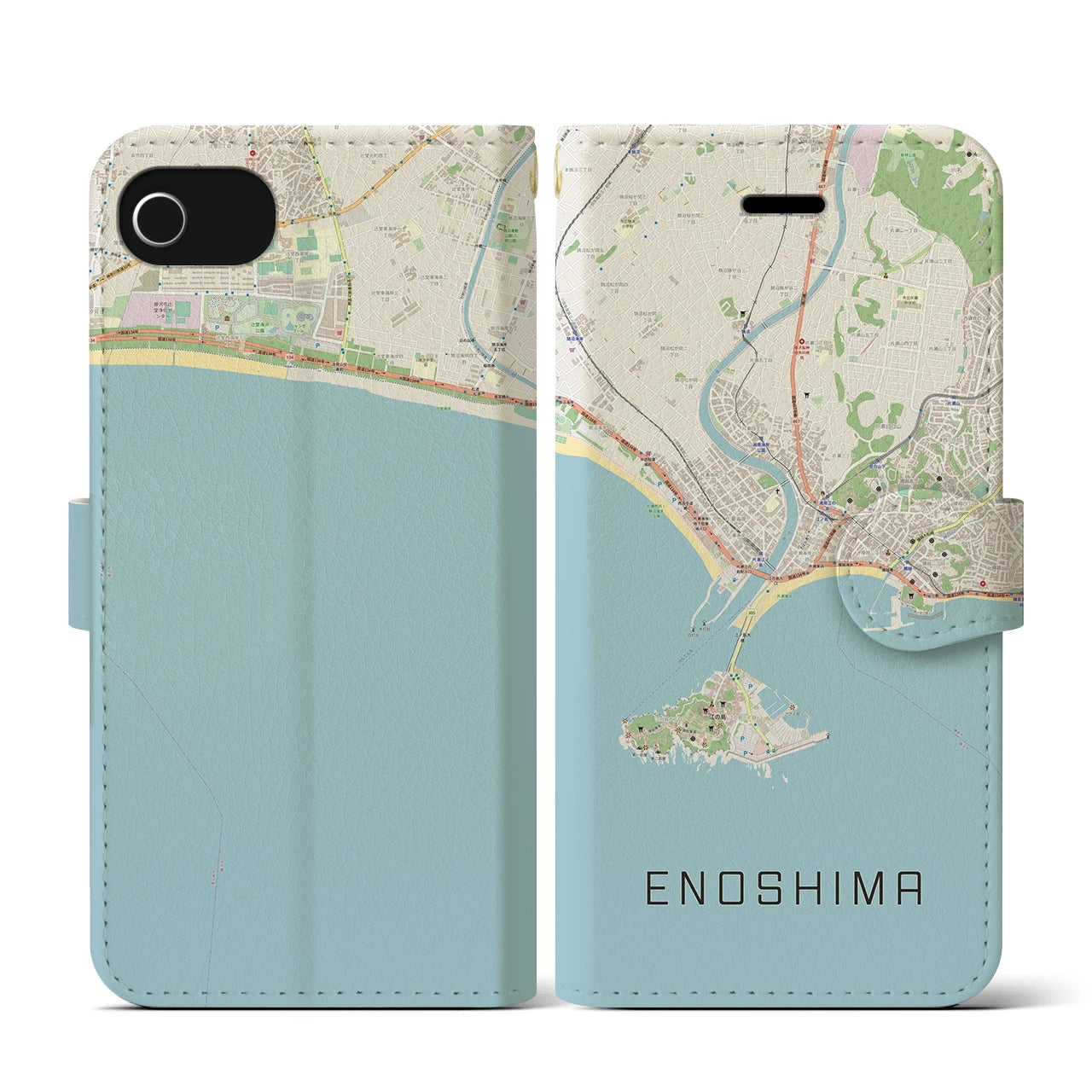 【江ノ島(神奈川県)】地図柄iPhoneケース(手帳タイプ)ナチュラル・iPhone SE(第3 / 第2世代) / 8 / 7 / 6s / 6 用