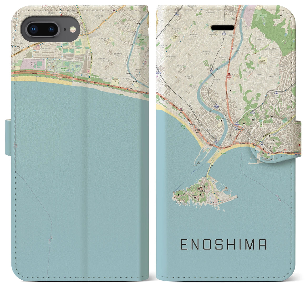 【江ノ島(神奈川県)】地図柄iPhoneケース(手帳タイプ)ナチュラル・iPhone 8Plus /7Plus / 6sPlus / 6Plus 用