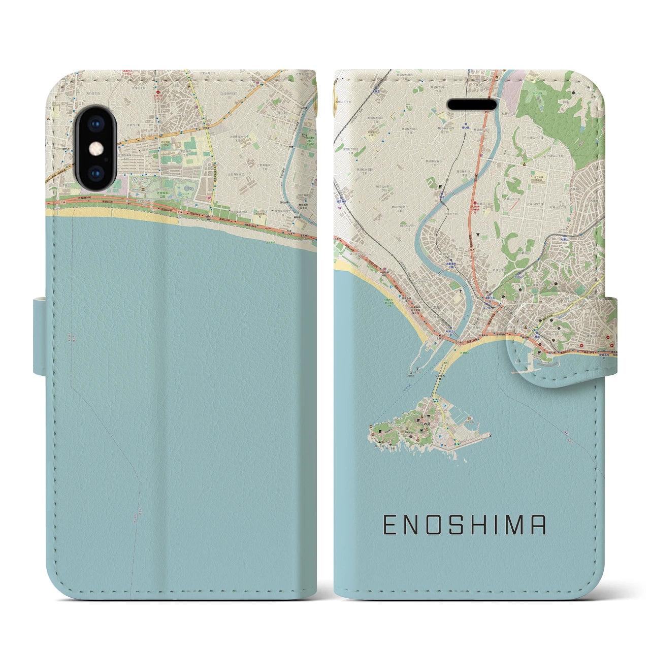 【江ノ島(神奈川県)】地図柄iPhoneケース(手帳タイプ)ナチュラル・iPhone XS / X 用
