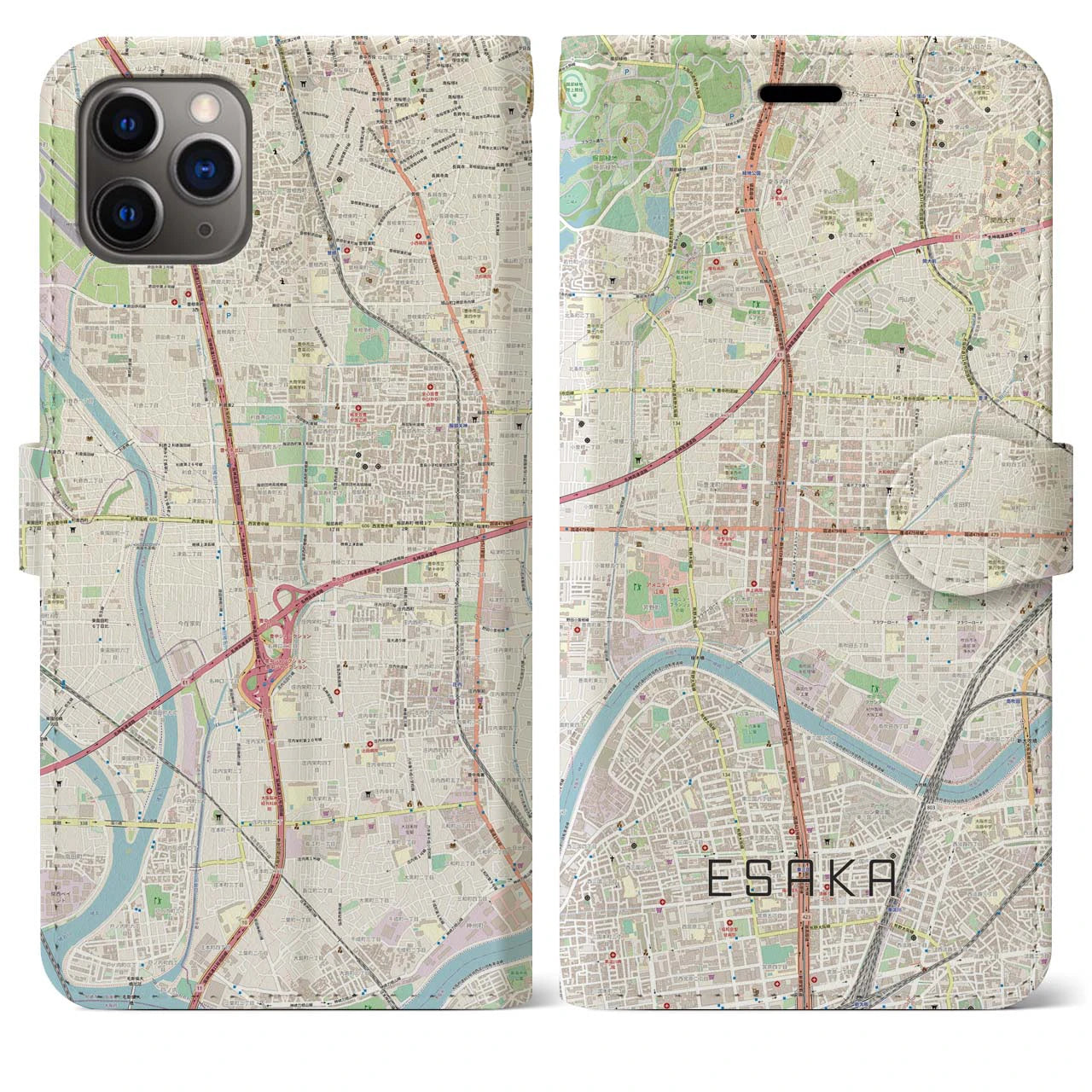 【江坂(大阪府)】地図柄iPhoneケース(手帳タイプ)ナチュラル・iPhone 11 Pro Max 用