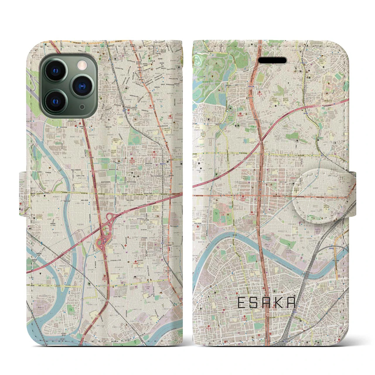 【江坂(大阪府)】地図柄iPhoneケース(手帳タイプ)ナチュラル・iPhone 11 Pro 用