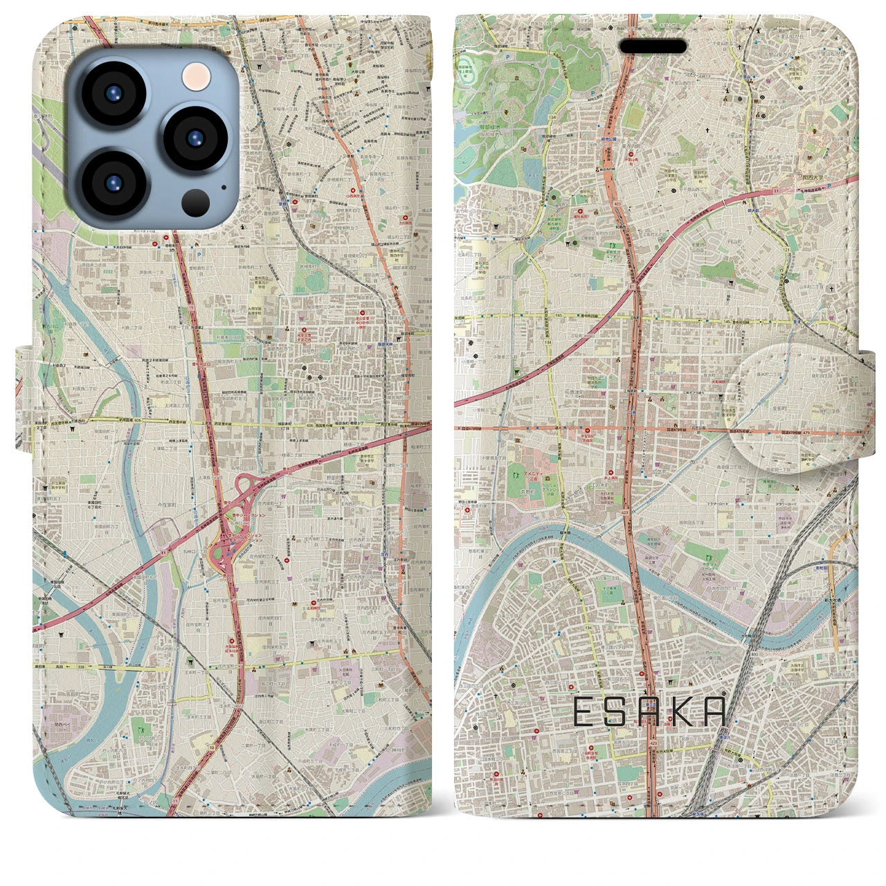 【江坂(大阪府)】地図柄iPhoneケース(手帳タイプ)ナチュラル・iPhone 13 Pro Max 用