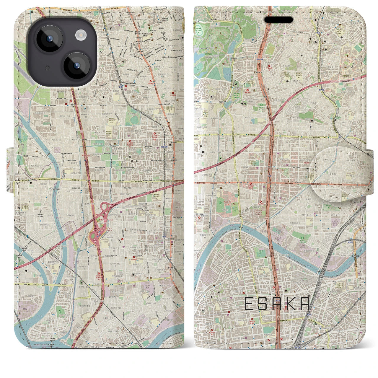 【江坂(大阪府)】地図柄iPhoneケース(手帳タイプ)ナチュラル・iPhone 14 Plus 用