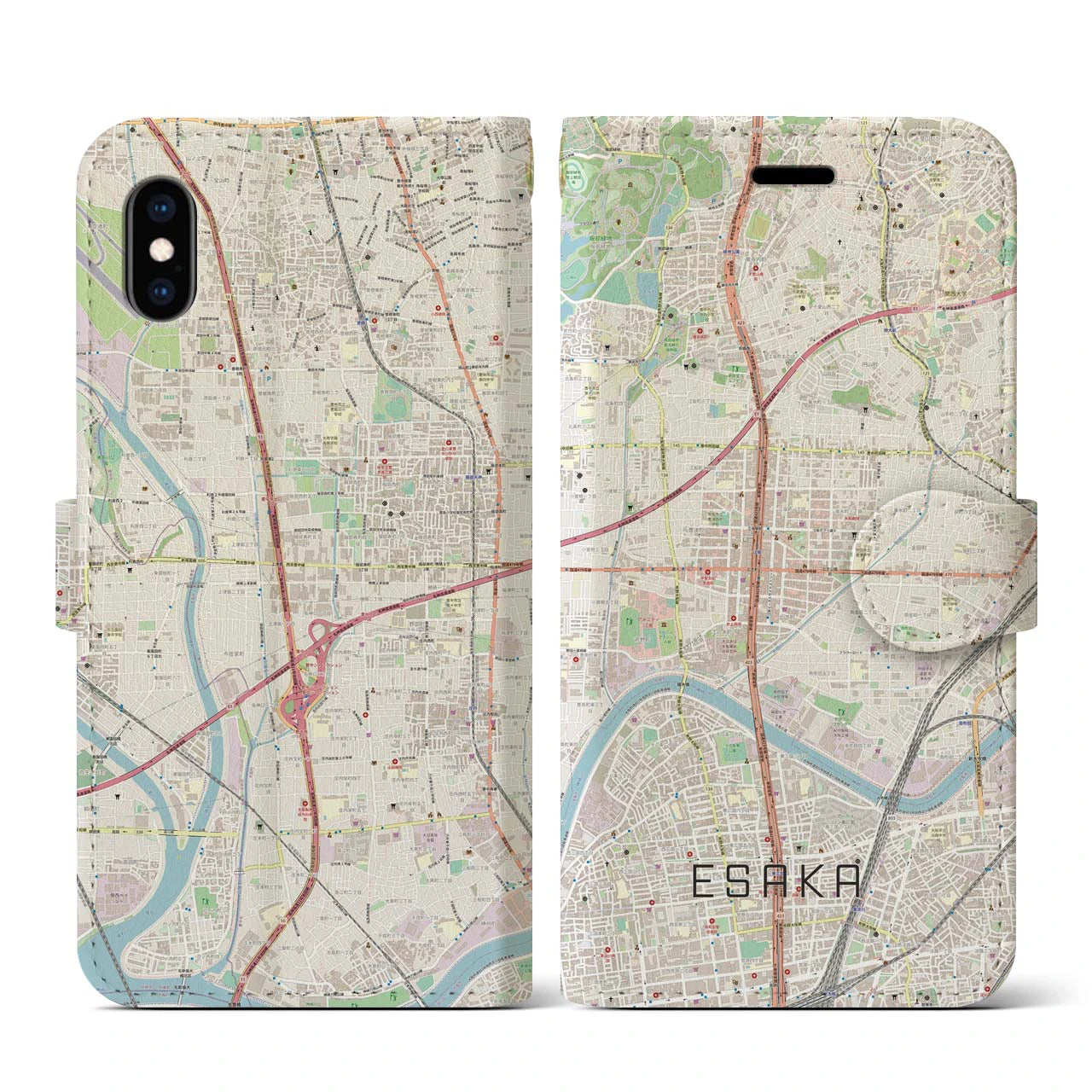 【江坂(大阪府)】地図柄iPhoneケース(手帳タイプ)ナチュラル・iPhone XS / X 用