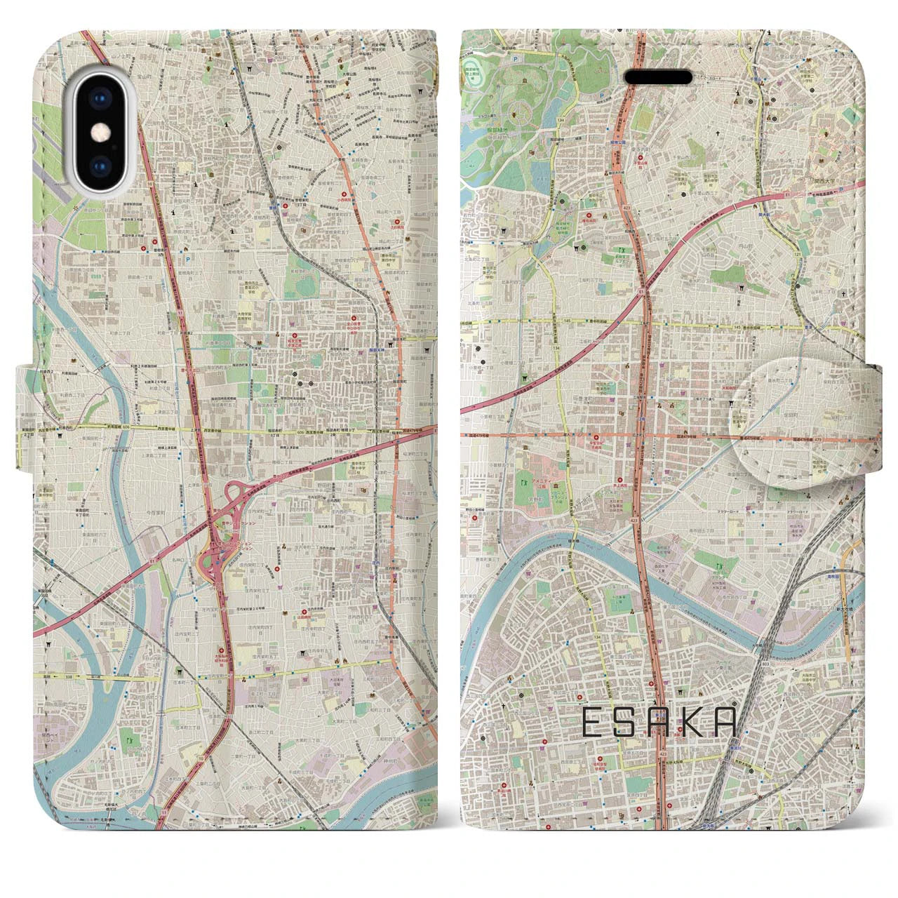 【江坂(大阪府)】地図柄iPhoneケース(手帳タイプ)ナチュラル・iPhone XS Max 用