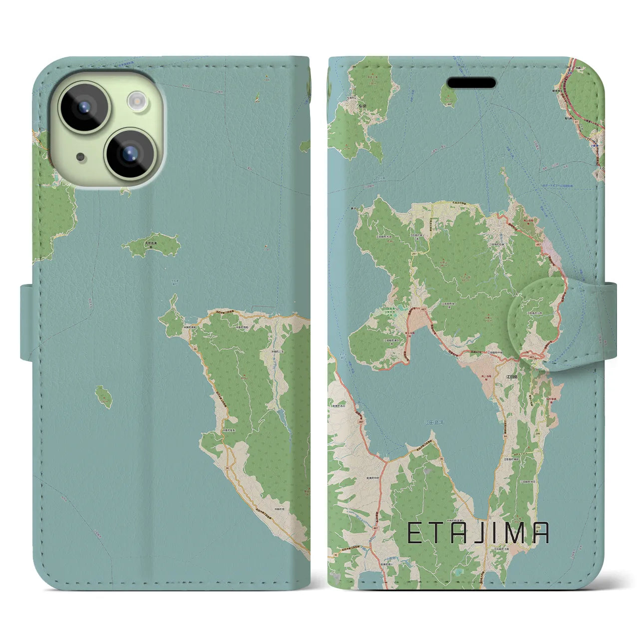 【江田島(広島県)】地図柄iPhoneケース(手帳タイプ)ナチュラル・iPhone 15 用
