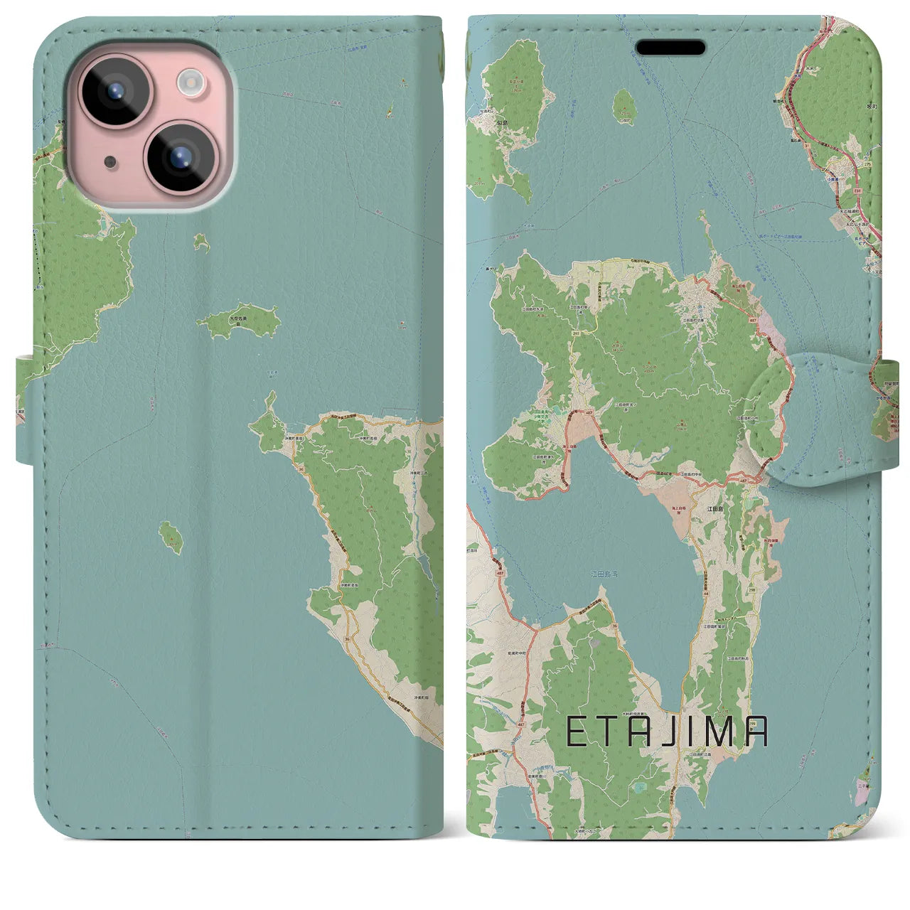 【江田島(広島県)】地図柄iPhoneケース(手帳タイプ)ナチュラル・iPhone 15 Plus 用