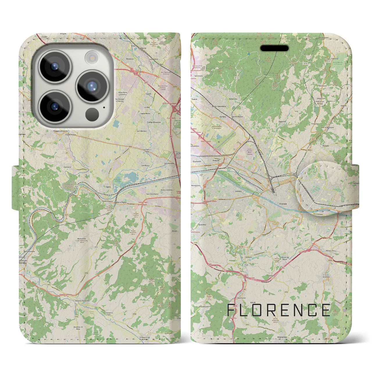 【フィレンツェ(イタリア)】地図柄iPhoneケース(手帳タイプ)ナチュラル・iPhone 15 Pro 用