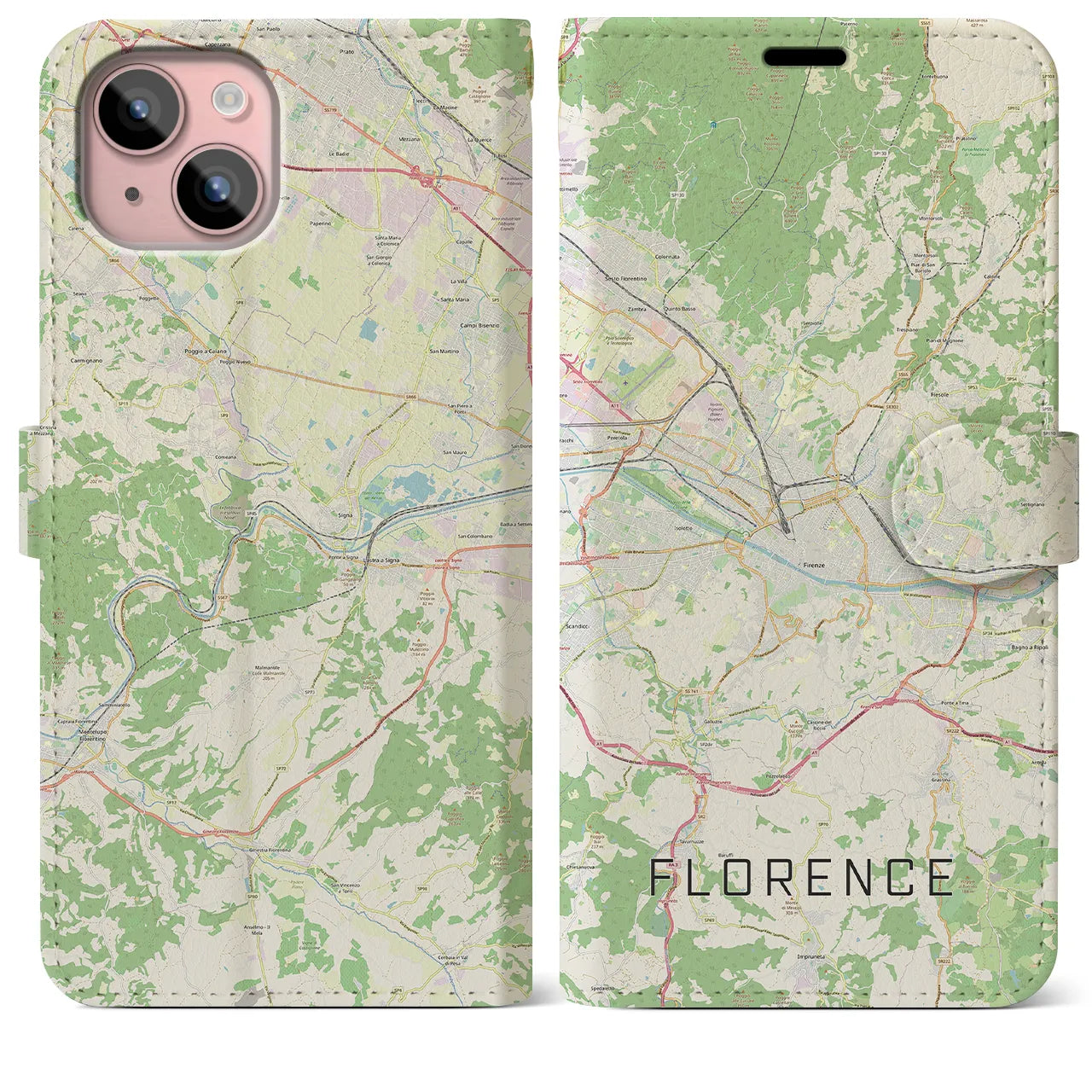 【フィレンツェ(イタリア)】地図柄iPhoneケース(手帳タイプ)ナチュラル・iPhone 15 Plus 用