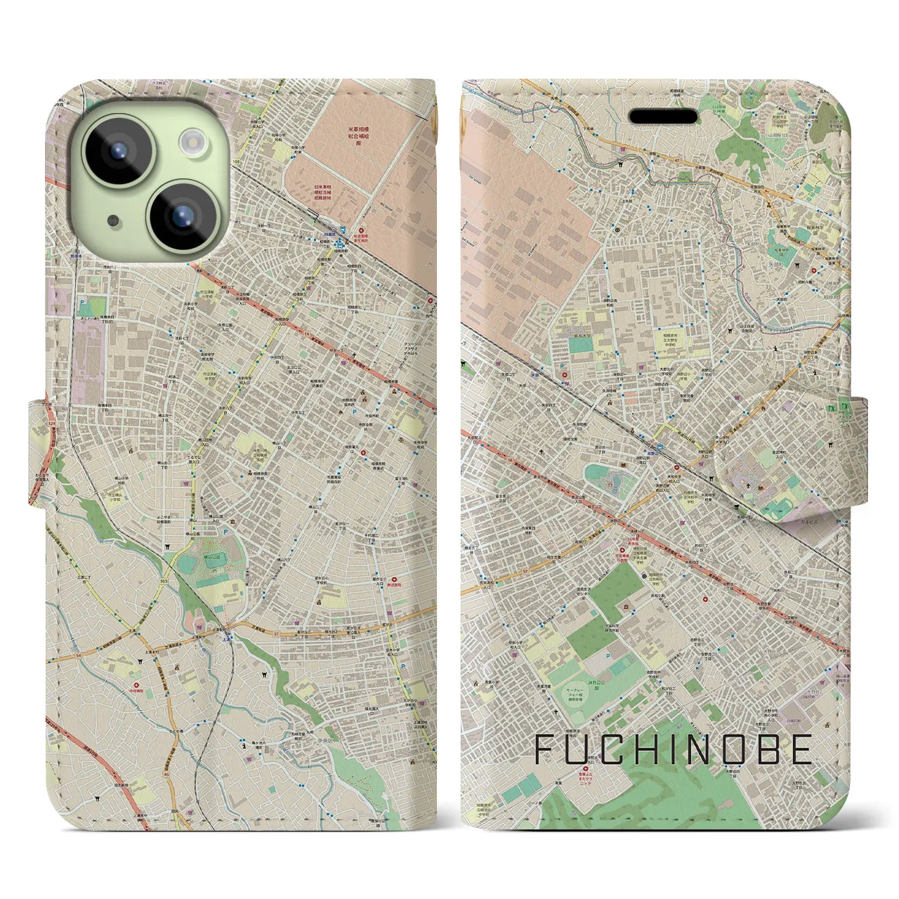 【淵野辺(神奈川県)】地図柄iPhoneケース(手帳タイプ)ナチュラル・iPhone 15 用
