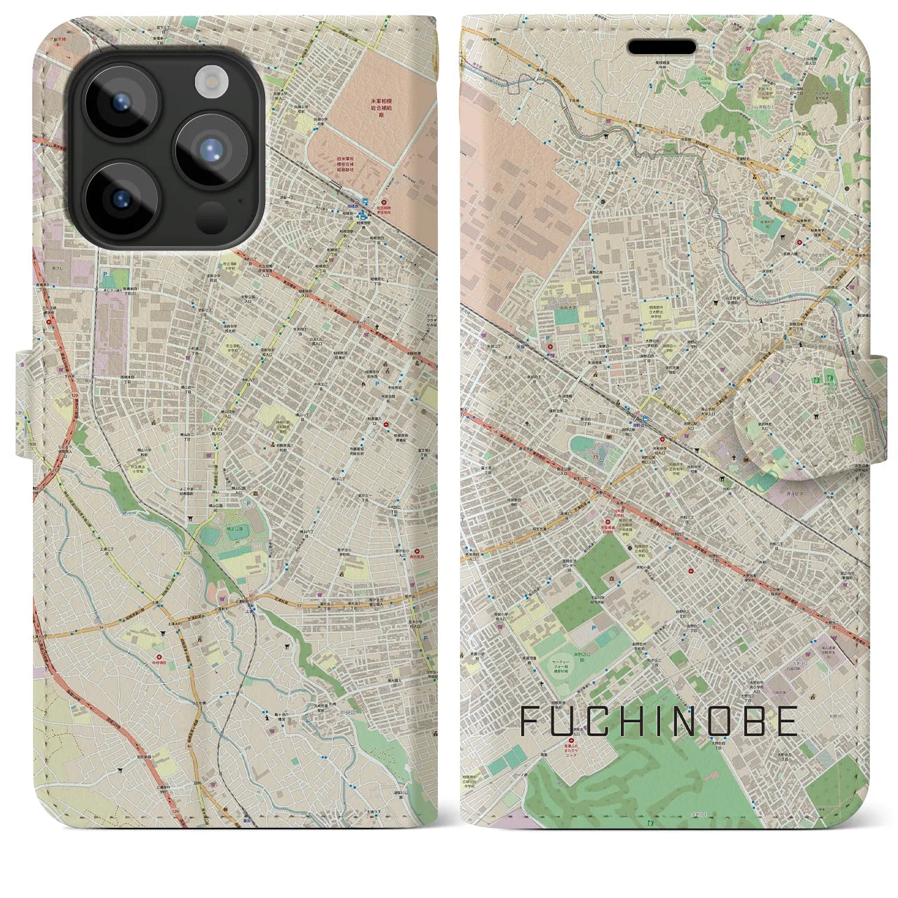 【淵野辺(神奈川県)】地図柄iPhoneケース(手帳タイプ)ナチュラル・iPhone 15 Pro Max 用